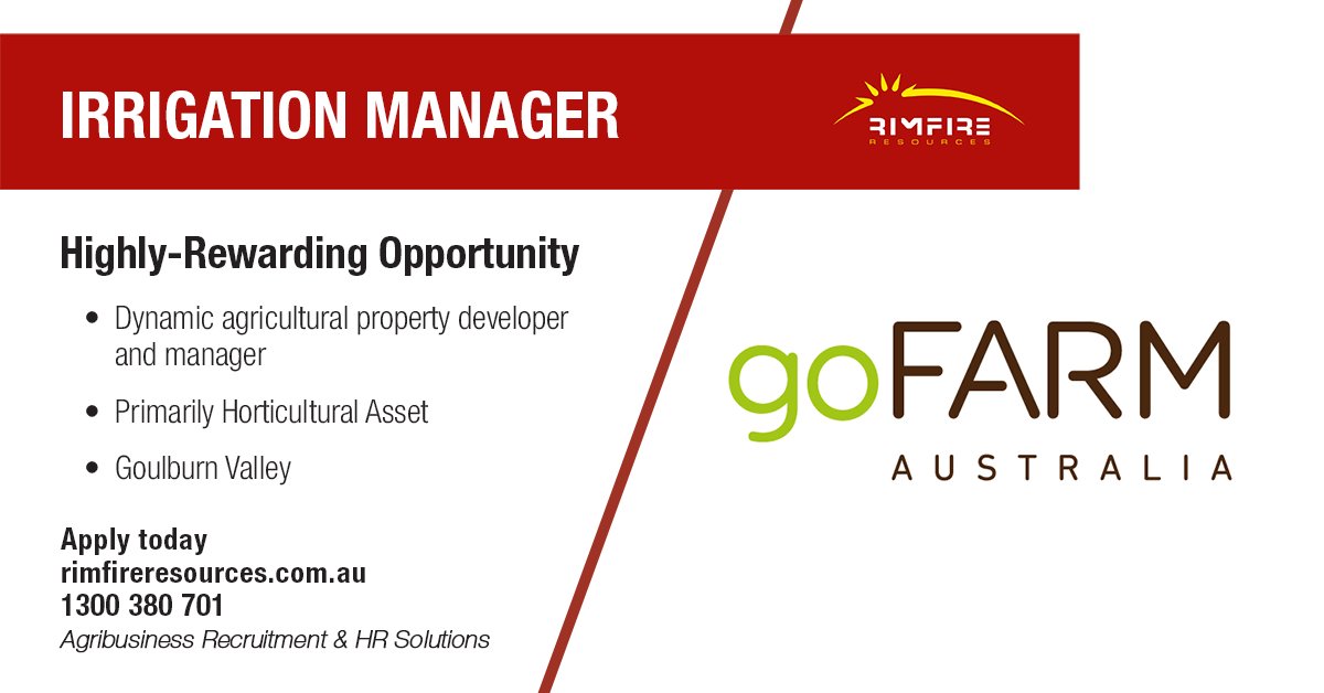 rimfireresource's tweet photo. Manage the Irrigation program and systems at goFARM's Sandmount Farms in the Goulburn Valley based on their growing horticultural asset.
Apply today: https://t.co/6TsdIYSenC
#irrigation #manager #goFARM #horticulture #agriculture #agribusiness #agjobs #jobs #rimfireresources https://t.co/UmjSUasB8e