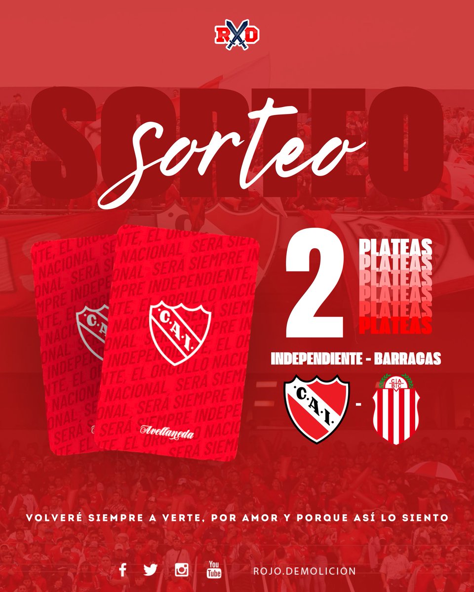 SORTEO 🇦🇹

👉🏼 Te queres ganar 2 (Dos) plateas para ir a ver #Independiente - Barracas? 👹🔥

• Seguirnos
• Darle Like y RT al tweet

LISTO ✔️ 

Para tener doble chances de ganar, podes participar en nuestro Instagram (rojo.demolicion) ✔️

Se sortea el Mar 17, mucha suerte 🍀
