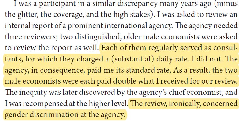 BevansAdvocate's tweet photo. Anecdote from recent laureate Claudia Goldin about her experience producing an internal report to a 'prominent international agency'. Her male colleagues were initially paid twice the amount she was. Ironically, the report was on gender discrimination at the agency. https://t.co/4tyNJnAKHk