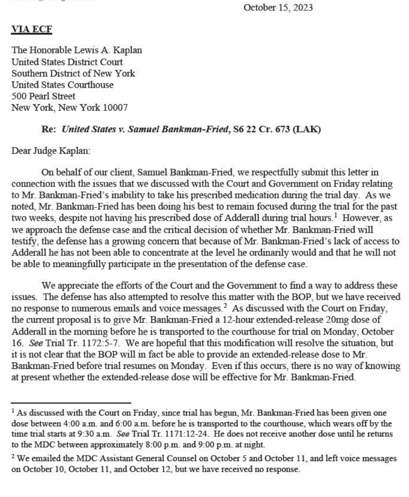innercitypress's tweet photo. SBF Sunday night filing - rerequest for trial day Adderall so he can decide whether to testify: "as we approach the decision of whether Mr. Bankrnan-Fried will testify... because of his lack of access to Adderall he has not been able to concentrate" story coming https://t.co/sjZKD6XUUh