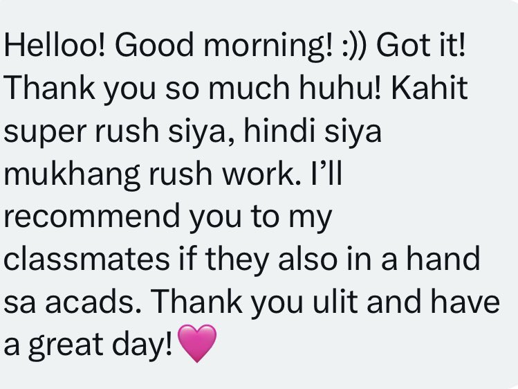 kayceeworks's tweet image. — hola #comstwt! early feedback from my returning client! 🥹

im open for acad coms. dm for inquiries!

*rates are affordable &amp;amp; negotiable!

lf research paper essay comic poetry poem persuasive speech report Filipino script ppt infographic commer critique spoken word commissioner