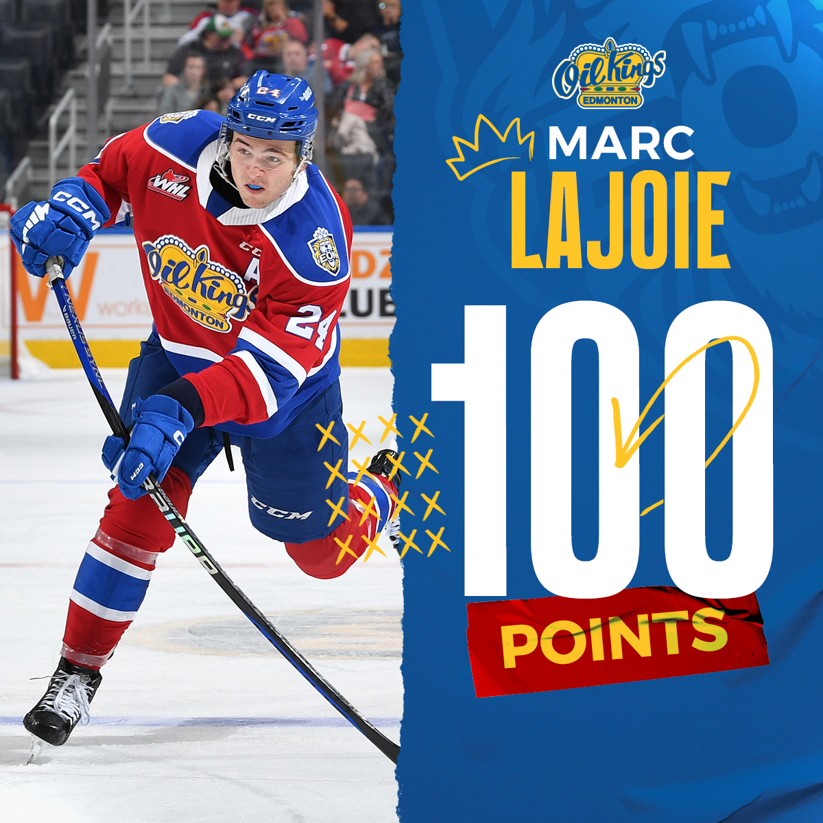 With his assist on the Oil Kings second goal, Marc Lajoie has hit 100 career points!! Congratulations Lajoie!!💯💯💯