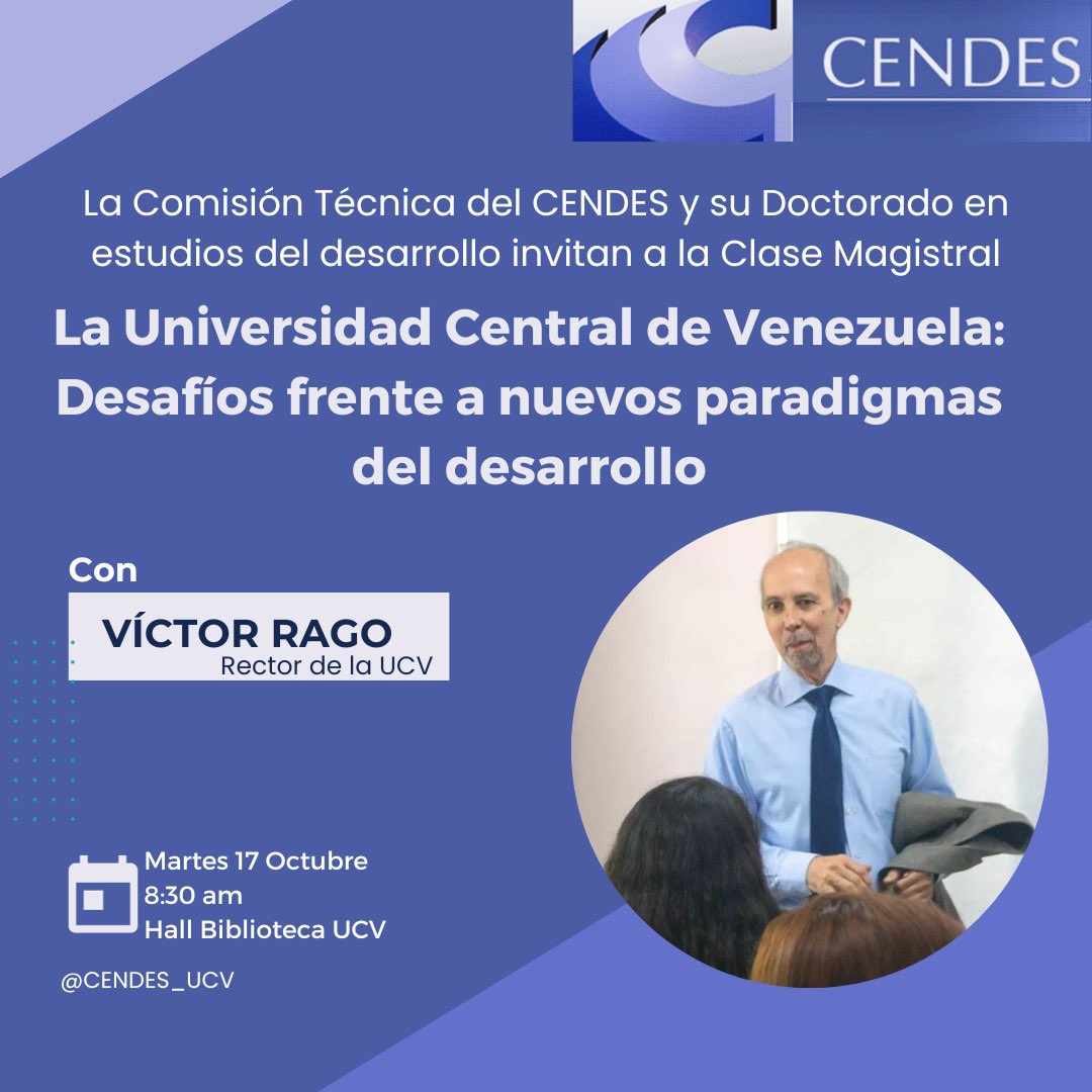 p_betancof's tweet photo. Clase Magistral con el Rector @VictorRago_UCV. La UCV debe modernizarse y ser protagonista del cambio social que requiere el país para alcanzar un desarrollo sostenible.🙌🏼 Asistamos a esta excelente actividad organizada por el @CENDES_UCV. Martes #17Oct, 8:30am, Biblioteca UCV. https://t.co/HlSHWRzjpL