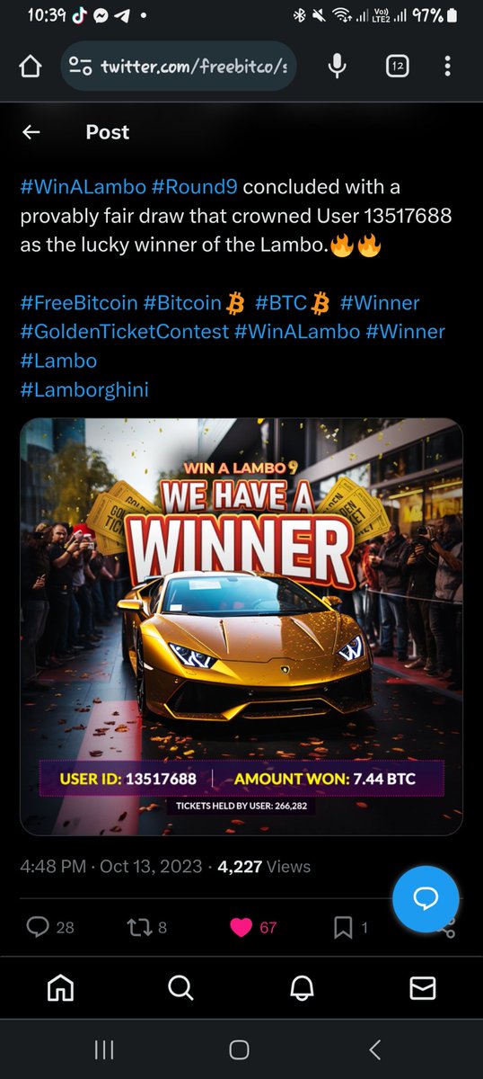 Eivor879's tweet photo. @freebitco I need Help please help me sir Ia m trying to contact you through your customer support email but still I got no response from you. I have won the lambo challange and now I want $200000 of btc please help me sir my ID#13517688 @freebitco https://t.co/cEhDAMMbY8