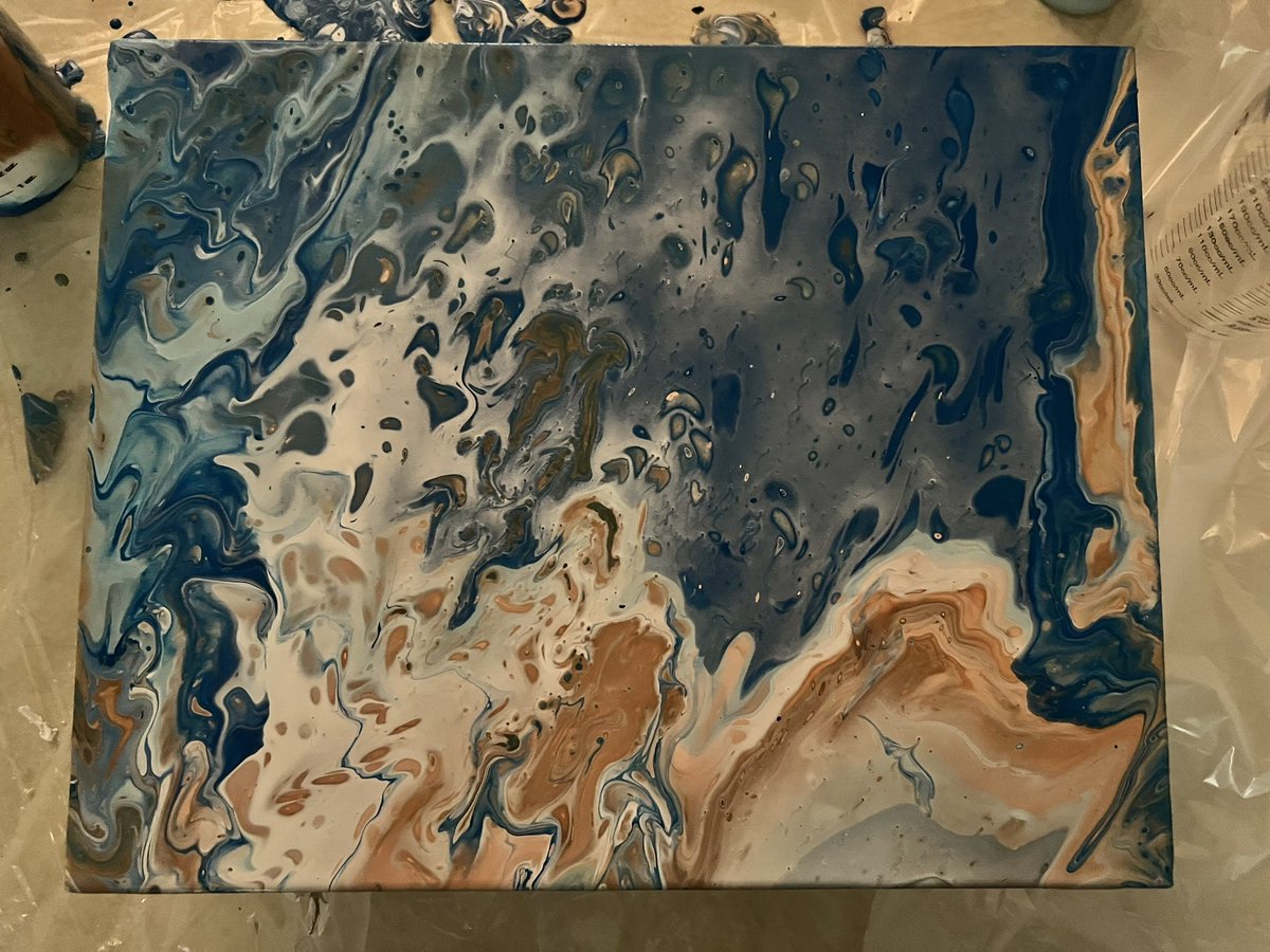RoadQueen1967's tweet photo. #fluidart time today! Wanted to do a beachy themed one, and am learning the Flip Cup technique. Not bad for only my 3rd attempt! Lots to learn, and my confidence has been restored 
#artisgoodformentalhealth
#flipcup
#acrylicpour
#letsart https://t.co/Y0c8mfmETa