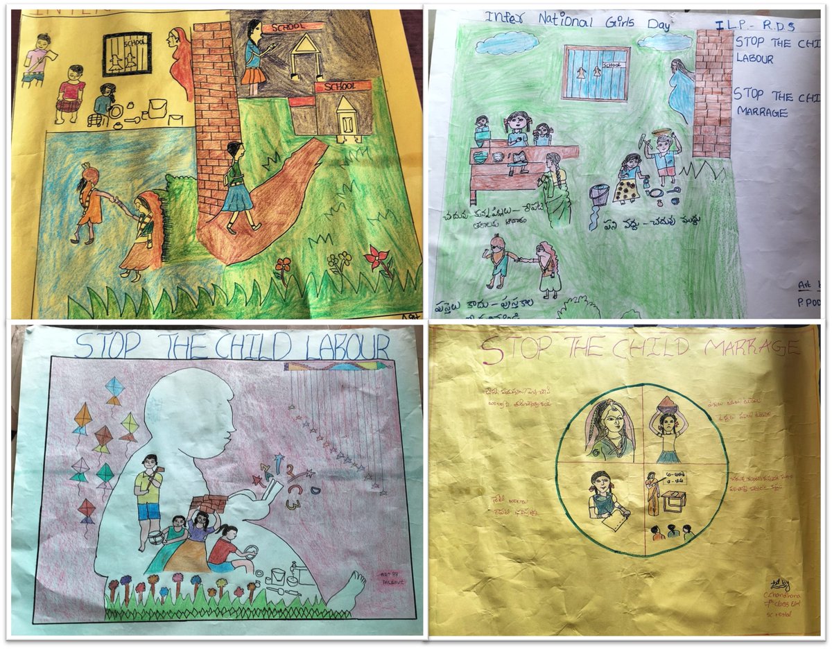IndiaLiteracyPr's tweet photo. Drawings done by school kids depicting how child marriage and child labor deprives children of their childhood.
If you come across any cases of child labor and child marriage, please call the Child Helpline 1098. https://t.co/GierFrinsh