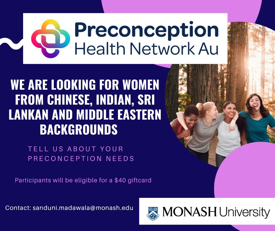 asvini06's tweet photo. We are looking for consumers to help us better understand preconception health needs of women from migrant and refugee backgrounds. Please get in touch if you or someone you know may be interested in participating @PreconceptionAu https://t.co/yE0hMwZtXb