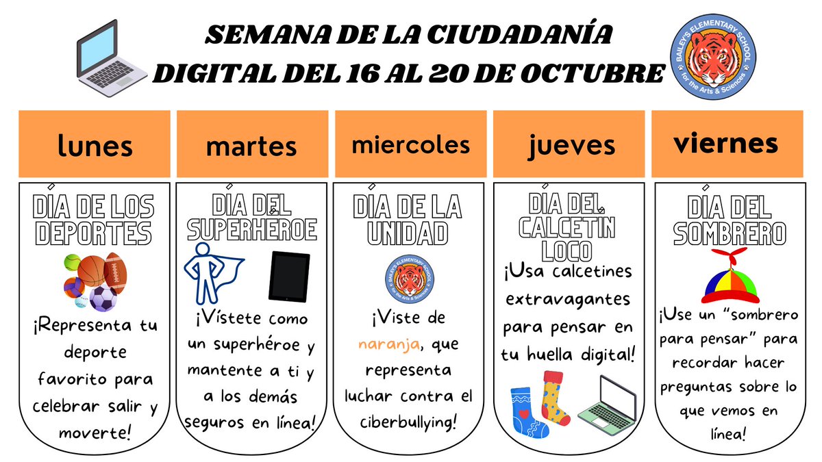 ¡Esperamos que hayas tenido un buen fin de semana y solo estamos aquí para recordarte que esta semana el colegio celebra la Semana de Ciudadanía Digital! Aquí está el horario completo, pero ¡mañana, lunes empieza con los niños representando su deporte favorito! <a href="/BaileysES_FCPS/">Bailey's Elementary School for the Arts & Sciences</a>