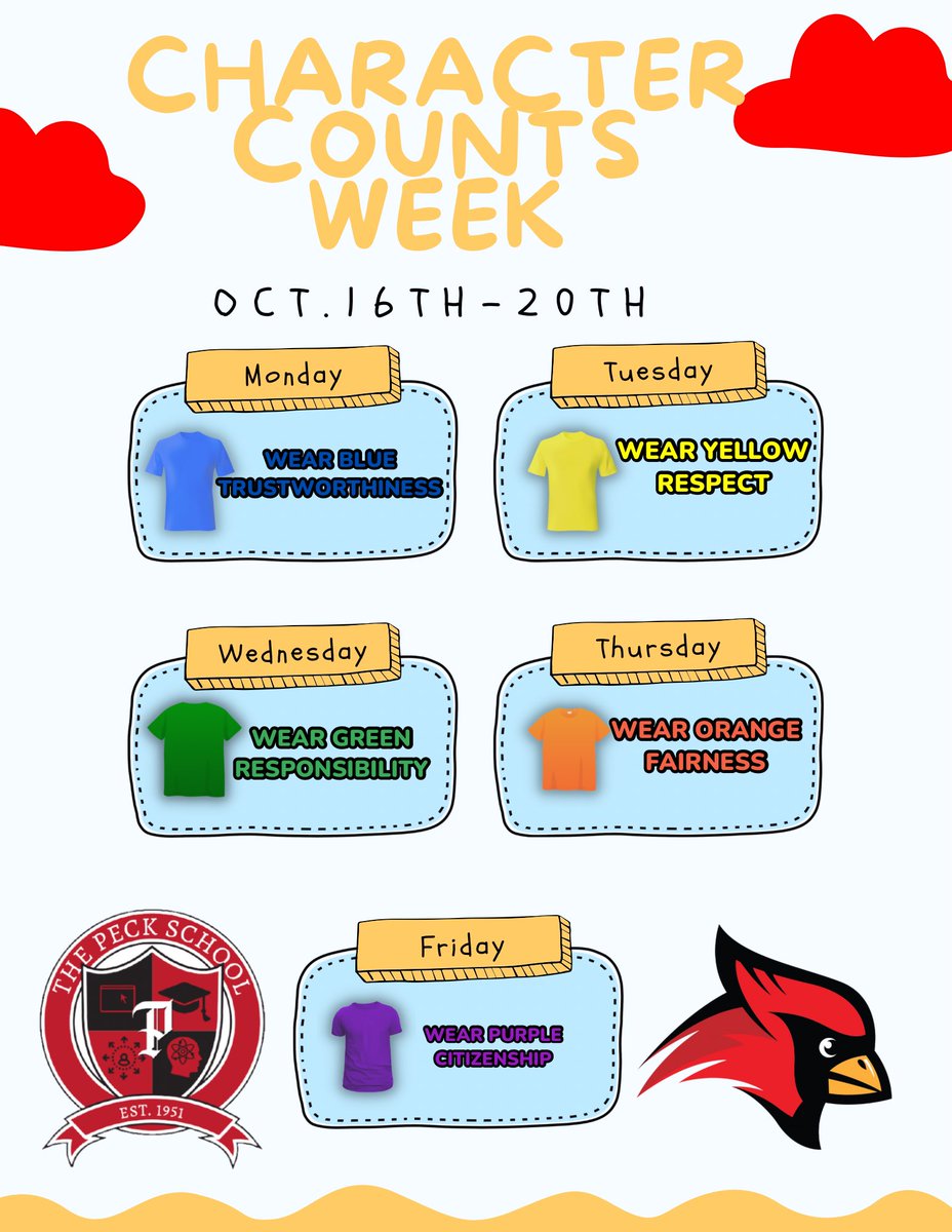 📣 Join us this week for #CharacterWeek! 🌈 Show your values with colors:
💙 Monday: Wear blue for trustworthiness
💛 Tuesday: Wear yellow for respect
💚 Wednesday: Wear green for responsibility
🧡 Thursday: Wear orange for fairness
💜 Friday: Wear purple for citizenship