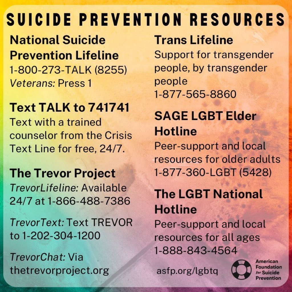Please repost this. You just may save a life.

Struggling with being #gay, #bisexual, and/or #trans? There is help: <a href="/TrevorProject/">The Trevor Project</a>  1-866-488-7386. 
You are not alone.

Check out these #LGBTQ+ suicide prevention resources. <a href="/988Lifeline/">988 Suicide & Crisis Lifeline</a>