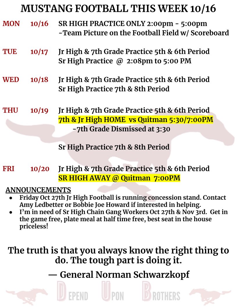 Quitman Week Schedule. Make special note that the 7th/Jr high game is Home and game times have been changed to 5:30/7:00. Go Mustangs!