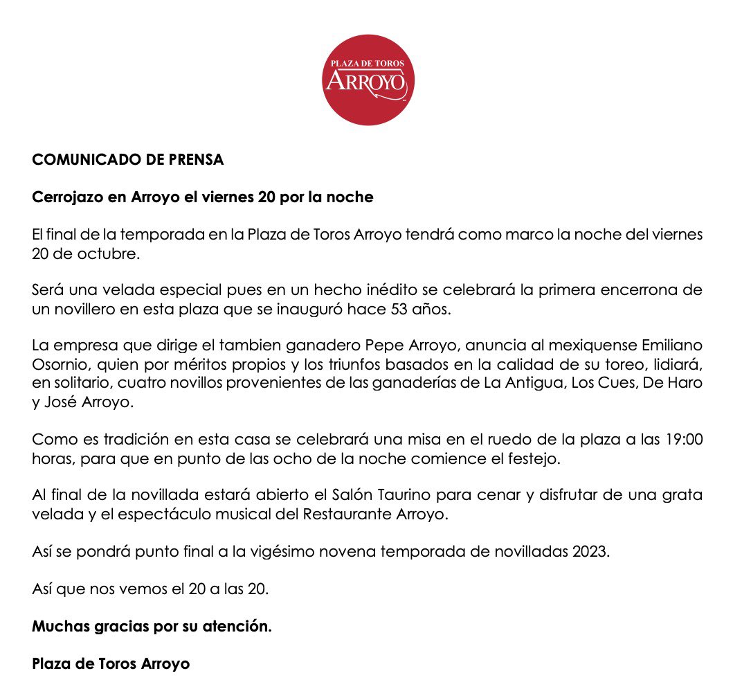 Comunicado de prensa respecto al cerrojazo de la temporada en Arroyo.