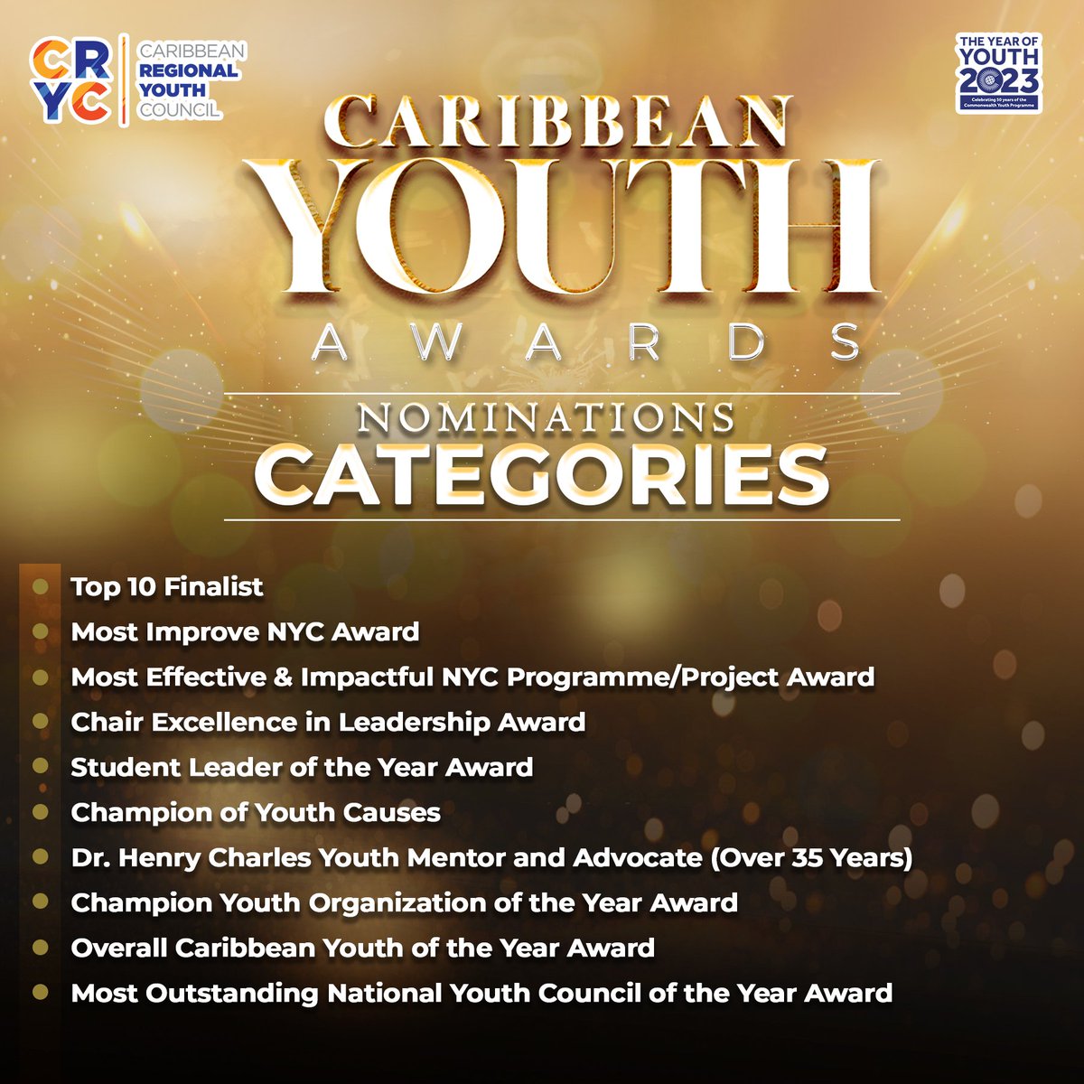 🌟 Exciting News! Nominations for the #CaribbeanYouthAwards 2023 are OPEN! 🏆✨ Celebrate outstanding youth leaders and organizations shaping our future. Nominate now at linktree.com/ourcryc before the deadline on Oct 30, 11:59 PM AST. Let's honor youth excellence together! 🎉