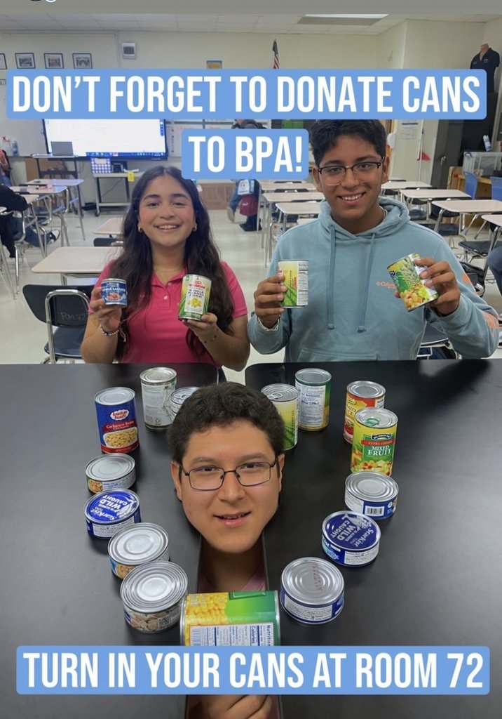 💛🥫Support the BPA Canned Food Drive🥫💙
Drop your canned foods in Room 72!
#1PRIDE