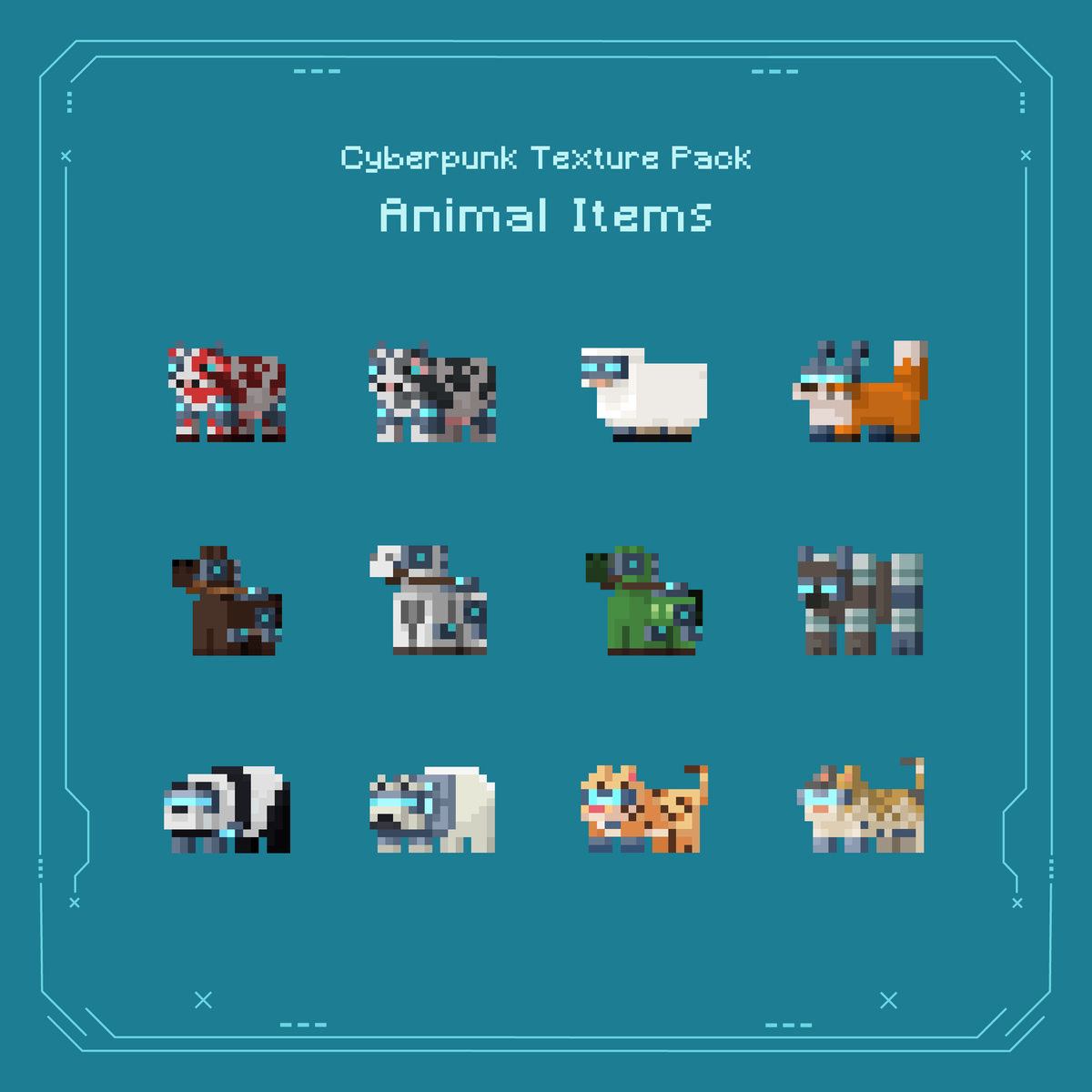 ora_tron_design's tweet photo. some of our @Minecraft Animal Items from Cyberpunk Texture Pack. 
More animal items coming your way! 🐮

#OraTronDesign #minecraft #pixelart #minecraftitems #minecraftentity #animalpixelart #cyberpunk https://t.co/CR2De8kXxu
