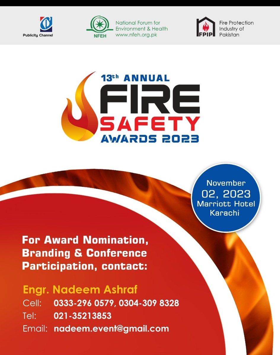 tajswestcoast's tweet image. . “If you want to achieve greatness stop asking for permission.” your deeds keep you shine.
Last few days for registration for the 13 Annual Fire Safety Awards 2023. 0n 02nd November at Marriott Karachi #firesafetyawards2023 #nfeh #fpip  #ife #envirograf