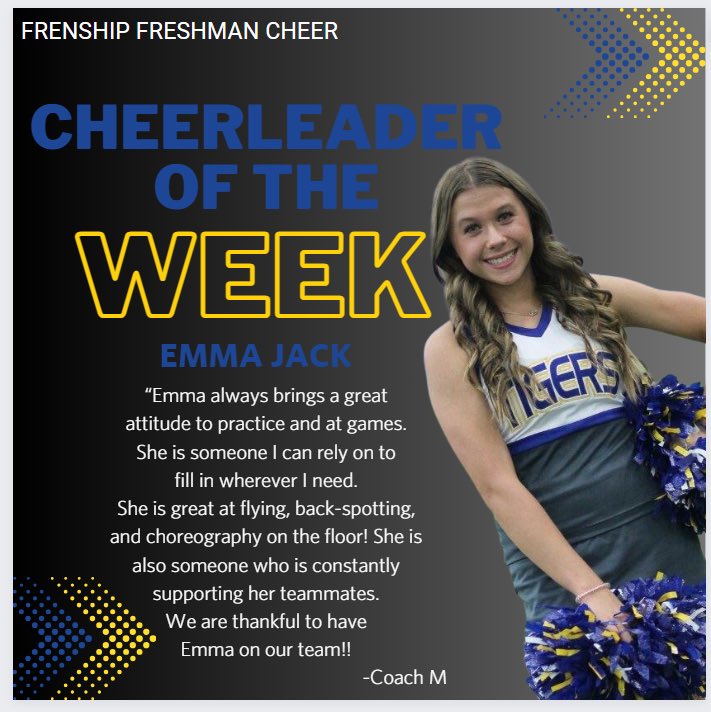 FrenshipHSCheer's tweet photo. CONGRATS TO OUR CHEERLEADERS OF THE WEEK!
Varsity π£ Jayci
Varsity π£ Gabriel
JV π£ Emerson H
Freshman π£ Emma
Week 7 was a week we focused on our neon pep rally, UIL/Game Day routines. The coaches loved seeing these athletes step up and take on leadership roles.
#FRFFTPFTS https://t.co/XXWtiFm8PL