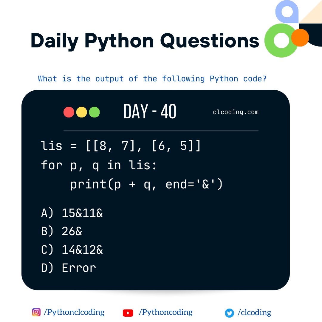 clcoding's tweet image. Python Coding challenge - Day 40 | What is the output of the following Python code? 
Solution clcoding.com/2023/10/python…