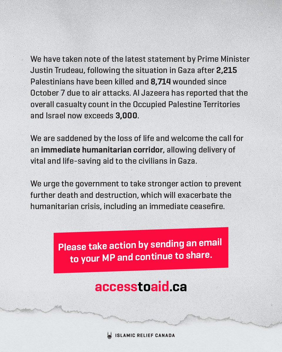 IRCanada's tweet photo. #Gaza calls for our urgent support.

In light of the latest statement by Prime Minister Justin Trudeau, we urge the government to take action for a #humanitariancorridor and cease fire in Gaza.

Send an email: https://t.co/4G8PlEti5H

@AFH_charity

#HumanitarianAid #Canada https://t.co/mcuMYxGkMI