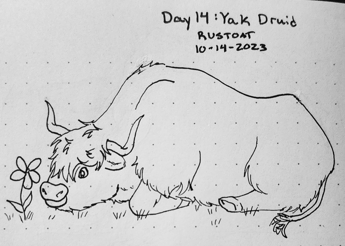 rustoat's tweet photo. Day 14 : Yak Druid
Took a little inspo from Ferdinand the bull, just a lil fella bein' cute. 

#inktober #PetTober2023  #art
#yak https://t.co/p6SweQMJwR