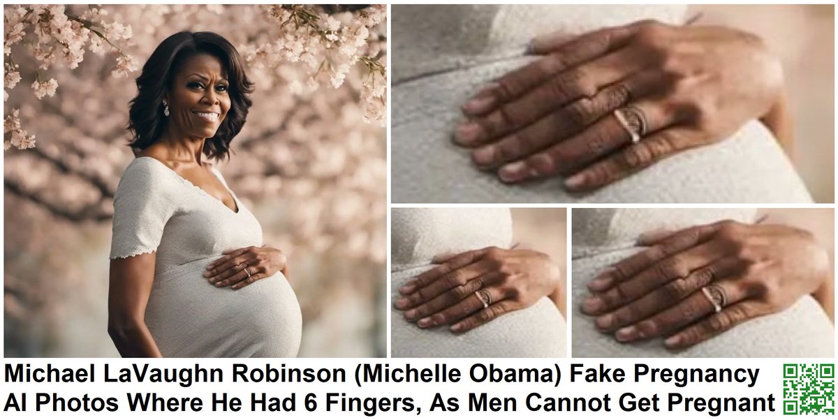 NotOpCue's tweet photo. Michael LaVaughn Robinson (Michelle Obama) Fake Pregnancy AI Photos Where He Had 6 Fingers, As Men Cannot Get Pregnant
📷🤖📷🤖📷🤖📷🤖📷🤖📷

#Libtards have gone to the extent of creating fake pregnancy #AI photos where Michael LaVaughn Robinson (Michelle Obama @MichelleObama) had 6 fingers, as men cannot get pregnant and there are zero real photos of Michael pregnant in existence. 

Keep an eye out for additional fingers/toes in photos online as this is a common tell sign of an AI generated image.

🔍"Michael LaVaughn Robinson: Also Known As Michelle Obama"
💊 https://t.co/YYQj0avF8n 
💊 https://t.co/4wLRRt4SKu