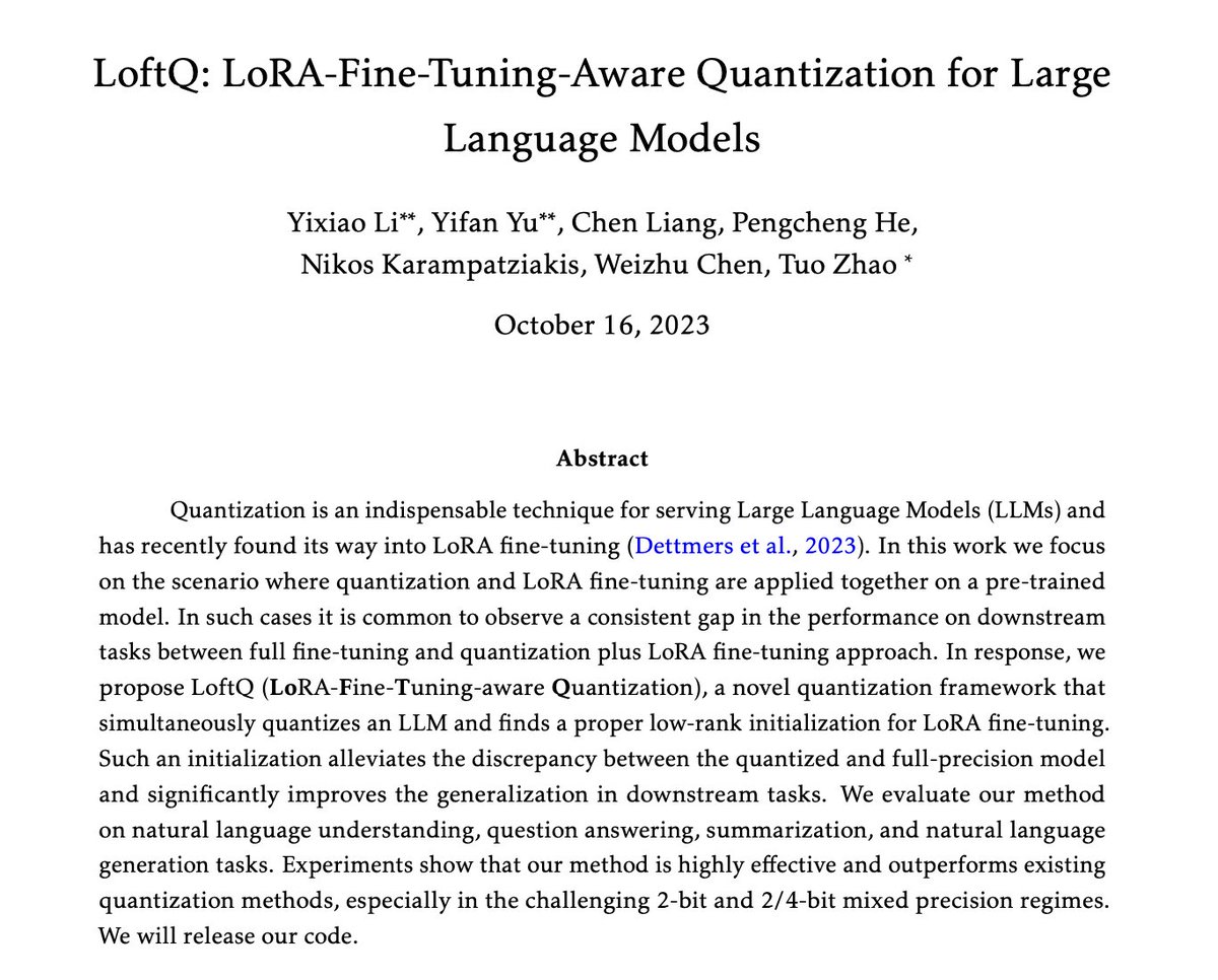 LoftQ: LoRA-Fine-Tuning-Aware Quantization for Large Language Models

paper page: huggingface.co/papers/2310.08…

Quantization is an indispensable technique for serving Large Language Models (LLMs) and has recently found its way into LoRA fine-tuning. In this work we focus on the