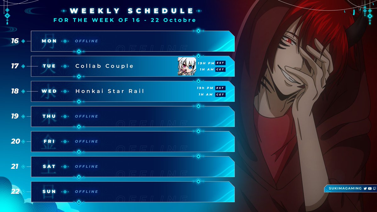 SukimasVerse's tweet photo. Horaire spécial cette semaine! Pas de live Jeudi mais Mercredi!

General: #SukimaGaming​ 
Live: #SukimaGamingLive​ 
Art: #LygoLizardArt​ 
Clips: #SukimaClips​ 
Memes: #SukimaMeme​ 
Assets /Thumbnails: #SukimaAssets​ 
Fans: #BlueLizard​ 
Cosplay: #SukimaCos​
 NSFW: #UnLygored https://t.co/6KH16GRbbZ