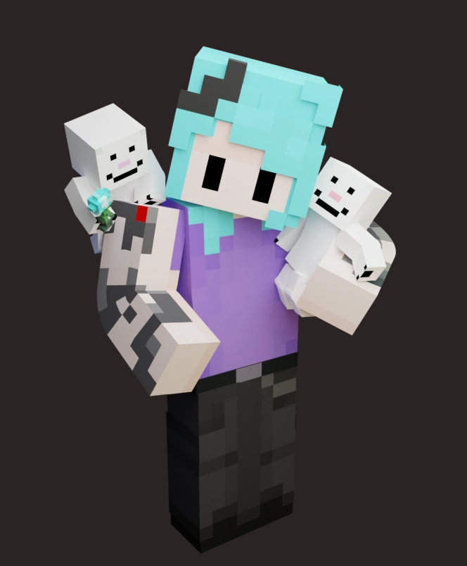A render of Jaiden Animation's newest Minecraft skin. Posed with two small Cucurucho's on her shoulders.
