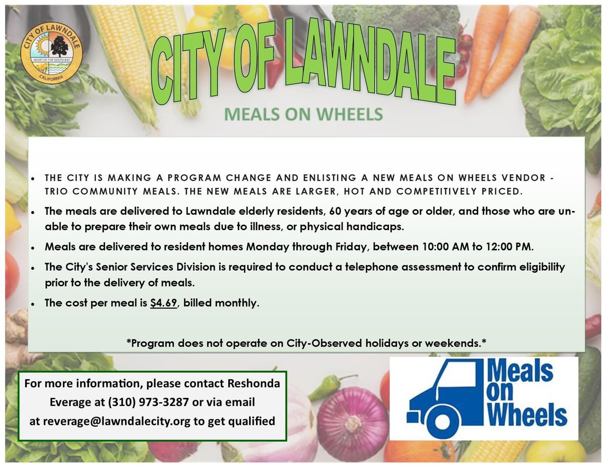 CityofLawndale's tweet photo. THE CITY OF LAWNDALE IS MAKING A PROGRAM CHANGE AND ENLISTING A NEW MEALS ON WHEELS VENDOR;
TRIO COMMUNITY MEALS. THE NEW MEALS ARE LARGER, HOT AND COMPETITIVELY PRICED!
#mealsonwheels #triocommunitymeals #cityoflawndale https://t.co/0tKTLhEZ2S