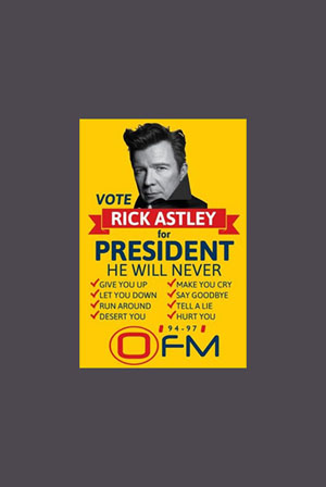 G97816960Girl's tweet photo. Best campaign poster ever! #BuyfromGroovy #antiqueshop #campaignposter #RickAstley https://t.co/Qhg0BNXoIN