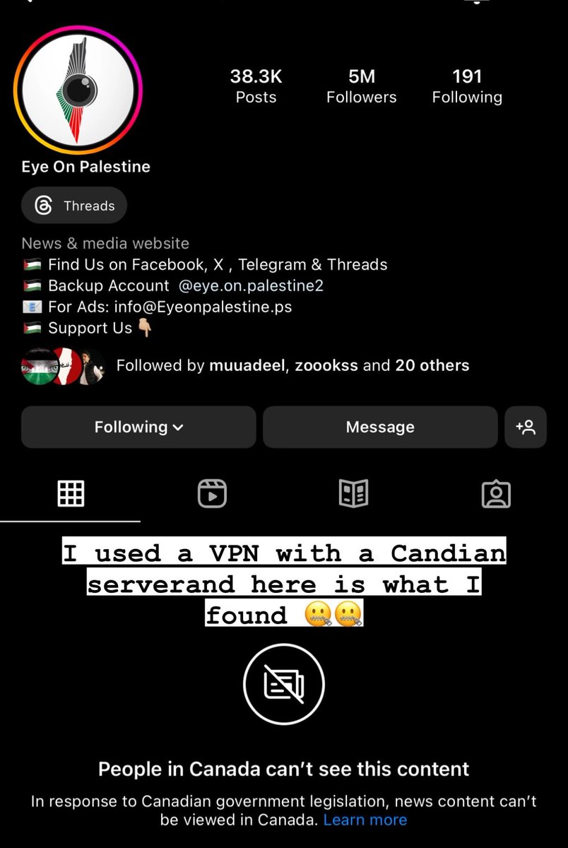 I used a VPN App with a Canadian server and here iswhat i found 
#palestine #freepalestine #gaza #islam #israel #jerusalem #savepalestine #muslim #palestina #palestinian #jordan #palestinewillbefree #savegaza #alaqsa #gazaunderattack #bds #boycottisrael #prayforpalestine
