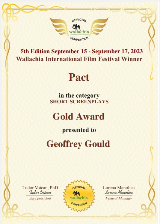 realbadger's tweet photo. Received my certificates for my two #winning unproduced short-film scripts, ๐๐ช๐ณ๐ด๐ต ๐๐ช๐ฎ๐ฆ and ๐๐ข๐ค๐ต, each having #won at the prestigious #WallachiaInternationalFilmFestival.
#FirstTime #BestShortScreenplay
#Pact #ShortScreenplayGold Award
Thanks, @WallachiaIFF...! ๐ https://t.co/24xQsMmKz2