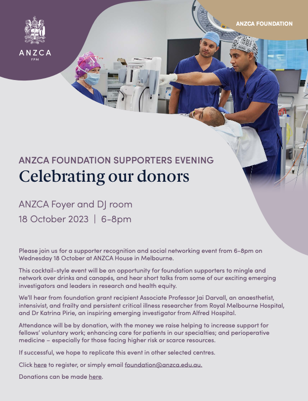 Happy National Anaesthesia Day! Join members of the CTN this Wed evening 18 Oct at the <a href="/ANZCA/">ANZCA</a> Foundation Supporters Evening to thank Foundation donors &amp; supporters, &amp; hear inspiring talks by Associate Prof Jai Darvall and Dr Katrina Pirie. #NAD23
Visit: tinyurl.com/ANZCAFoundatio…