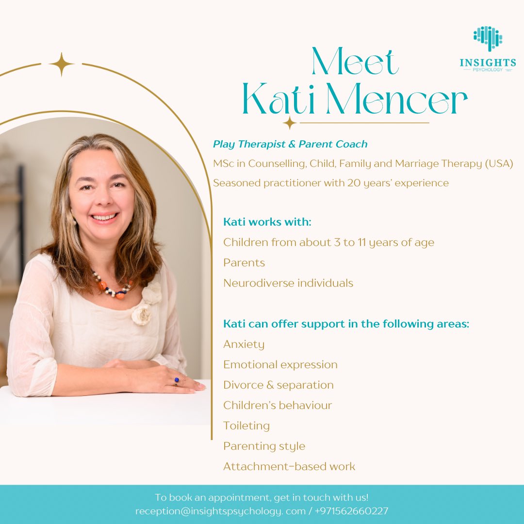 Kati Mencer is our play therapist & parent coach. If you would like support in any of the areas listed above, contact us at reception@insightspsychology.com or call us on +971562660227 
#insightspsychology #playtherapist #parentcoach #mentalhealthsupport #mentalhealthprofessional