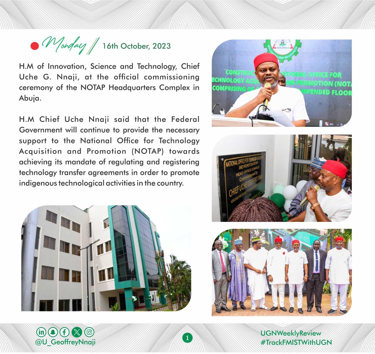 moore_ojo's tweet photo. HON. MINISTER OF INNOVATION, SCIENCE AND TECHNOLOGY, CHIEF. UCHE G. NNAJI’S WEEK IN REVIEW
9th, October- 14th October, 2023
#UGNWeeklyReview
#TrackFMISTWithUGN
#FMISTWithUGN https://t.co/XA0Bzt3KEg