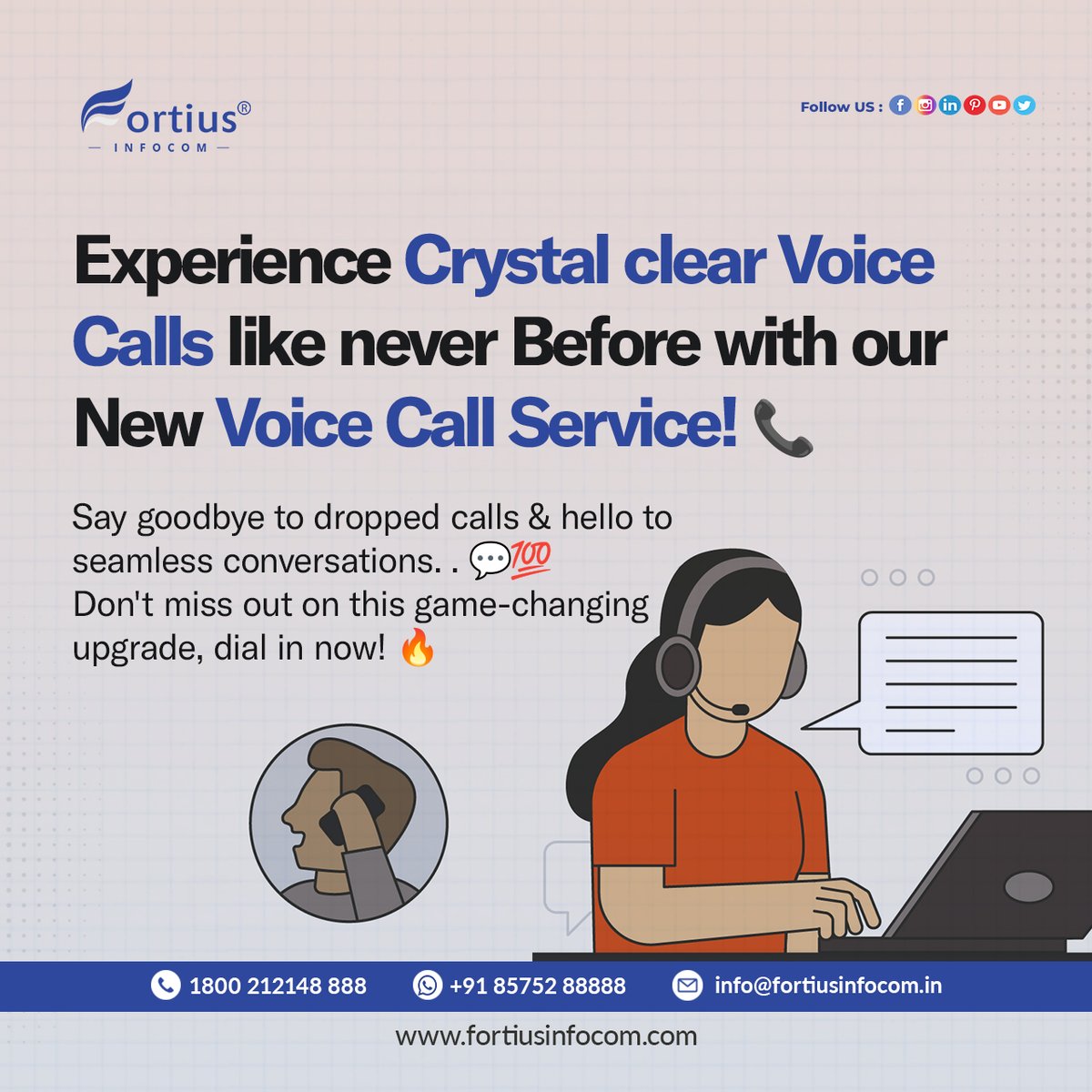 fortiusinfocom's tweet photo. π Experience crystal clear voice calls like never before with our new Voice Call Service! π
Say goodbye to dropped calls and hello to seamless conversations. π¬π― Don't miss out on this game-changing upgrade, dial in now! π₯
#VoiceCallService #UpgradeYourConversation
π https://t.co/eoUibUkNRv