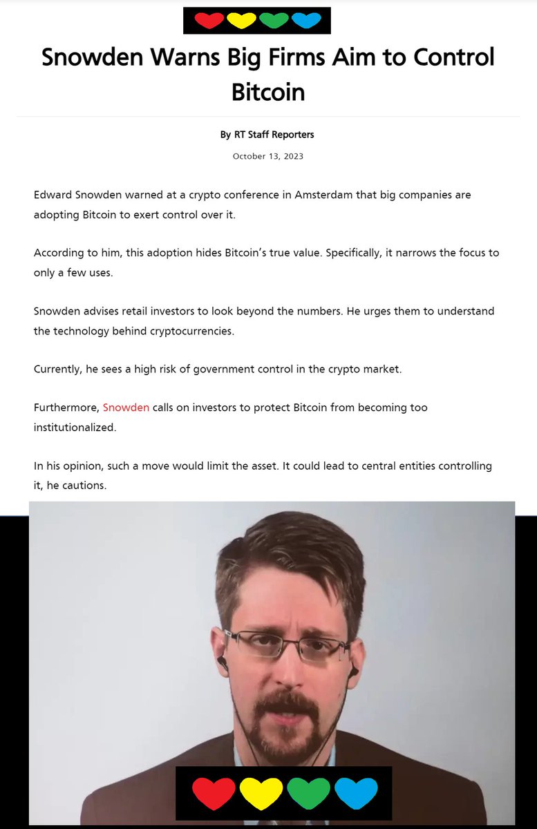 ❤💛💚💙

🇺🇸 JUST IN: Edward Snowden warns everyone that big financial firms are adopting #Bitcoin to control it.

(I warned you that the Bug Eater Overlords are coming)