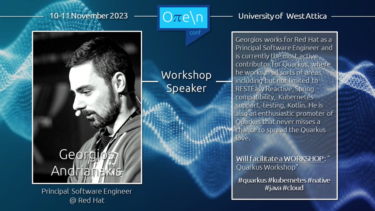 open_conf's tweet photo. Join us at #openconf 2023 for an exciting workshop on #Quarkus! Georgios Andrianakis, Principal Software Engineer at Red Hat, will show us the basics around Quarkus so we can experience first hand its strengths.
Tickets: https://t.co/mhvHy7osNq
#java #kubernetes #native #cloud https://t.co/BjwoJreBcr