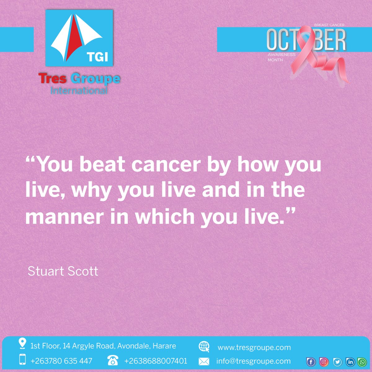 tresgroupeintl's tweet photo. "You beat cancer by how you live, why you live and in the manner in which you live." - Stuart Scott
Celebrating #BreastCancerAwarenessMonth and honouring all those fighting. 💕 #evolutionaryinnovation #tgination #TGIMonday https://t.co/8ECNltOLIK