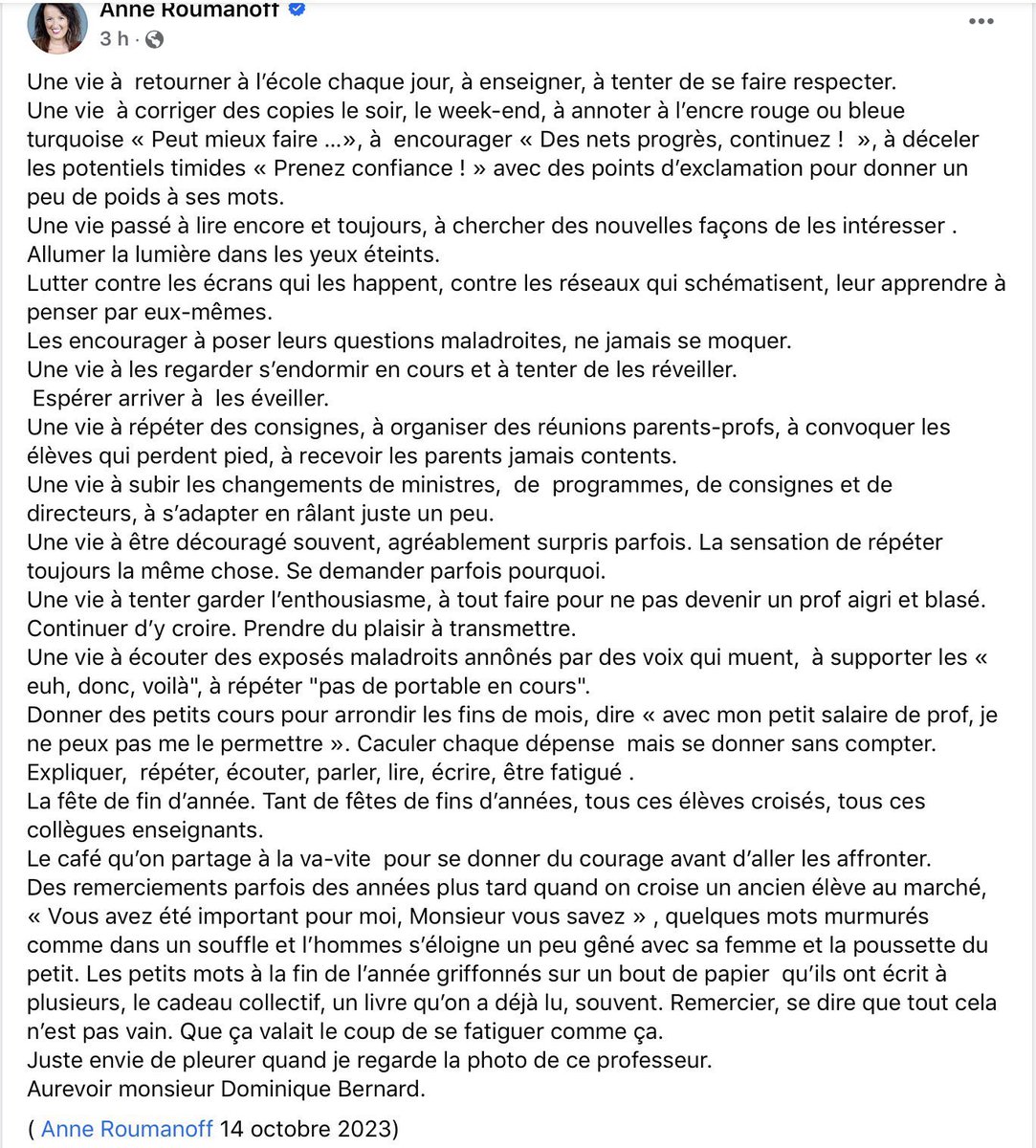 Émue par ce très beau texte. 
Au revoir Dominique Bernard.
#profs
