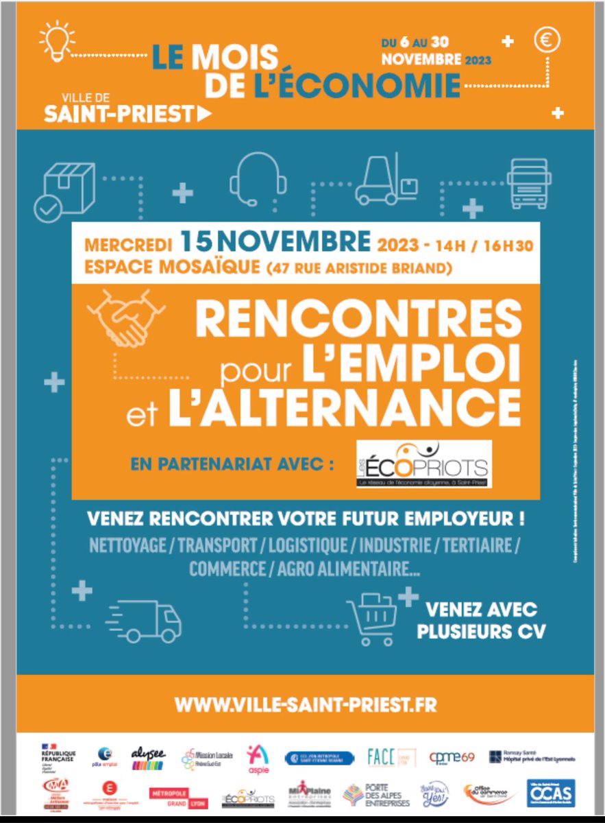L'association Les #écopriots organise avec <a href="/PE_stpriest/">Nathalie COMTE</a> les "Rencontres pour l'#emploi et la #formation" 
📆15 novembre 2023
📍Espace Mosaïque - 47 rue Aristide Briand - Saint Priest
🕝 14h -16h30
📌Plus de 3️⃣0️⃣entreprises présentes
Pour vous inscrire : 👉🏻 lnkd.in/eUhPNtK3