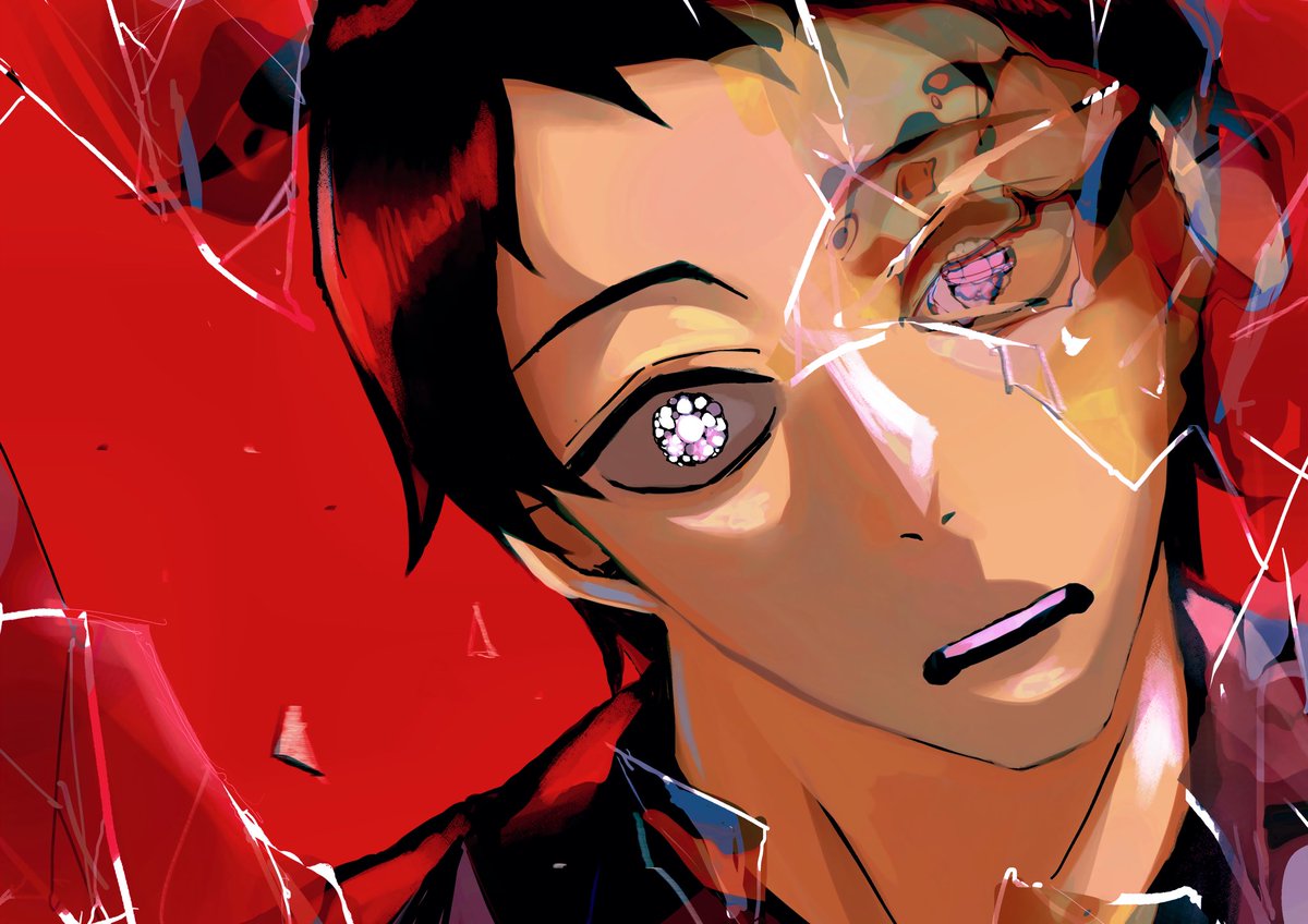 1boy male focus red background black hair short hair solo broken glass  illustration images