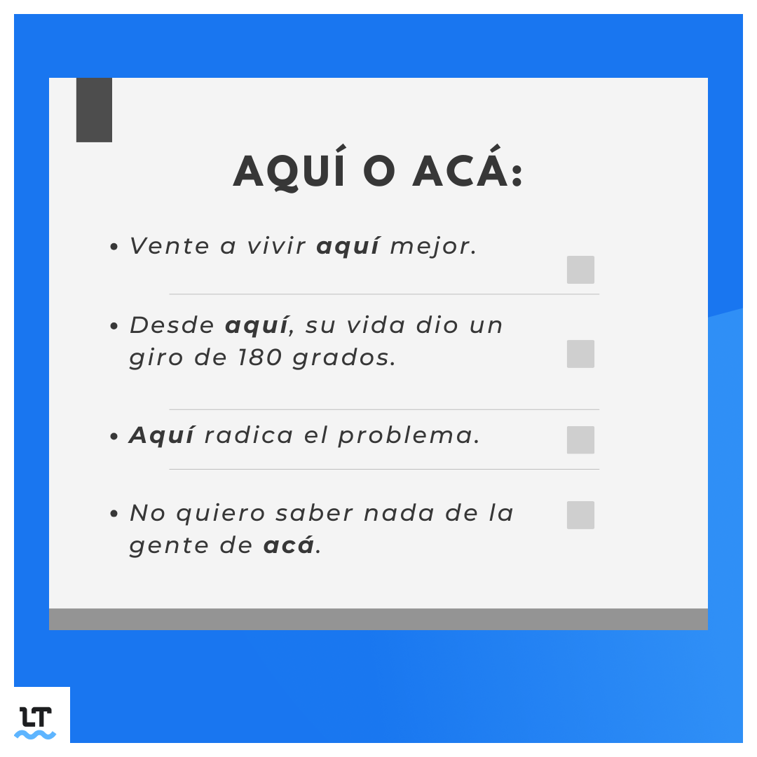 languagetool_es's tweet photo. ➡️ “Aquí”, “ahí”, “allí”, “acá”, “allá” son adverbios demostrativos que indican la distancia con la persona que habla y se clasifican según su grado de lejanía.

➡️ “Aquí” o “acá” indicarían una relación de cercanía.

¿Qué forma sueles emplear más? https://t.co/Qna46PKGE7