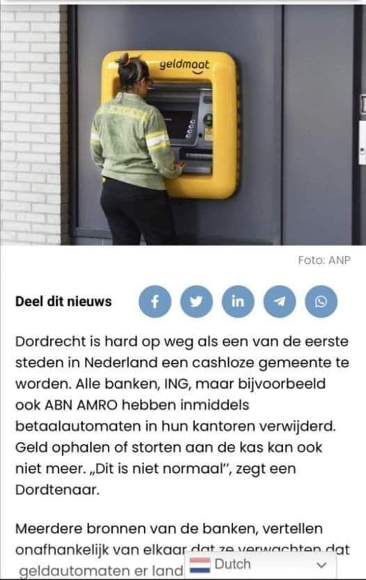 CBDC (central bank digital currency) is coming.
Zijn ze nou helemaal belazerd, ik wil contant blijven betalen!
Nog even en wij hebben niets meer te zeggen over ons eigen geld

In Dordrecht is het niet meer mogelijk om contant geld op te nemen of te storten
indepen.eu/banken-blokker…