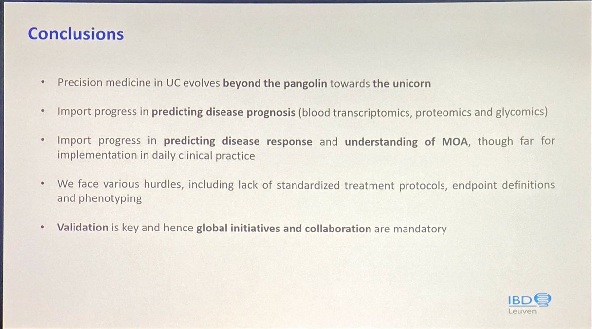 ☕️🥐 #UEGWeek 
@bverstockt with an excellent talk on precision medicine in #UC: unicorn or pangolin? 🦄

💎 Important progress in predicting disease prognosis, disease response and understanding MOA
📛 Far from implementation in daily clinical practice still❗️