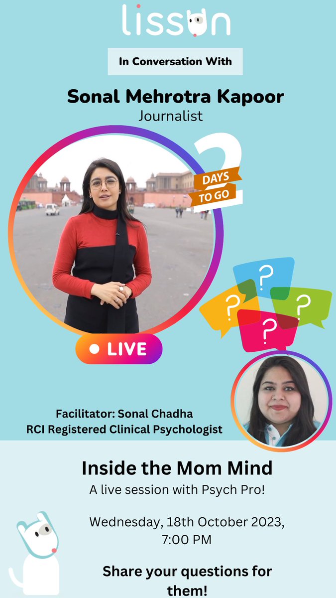 The wait is over!✨ Join us in a conversation in a live session with @Sonal_MK on 18th October 2023, Wednesday on the topic: Inside the Mom’s Mind: A Live Session with Psych Pro!🤰 Hope to see you there!❤️ #Postpartum #mother #motherhood #livesession #impdiscussion