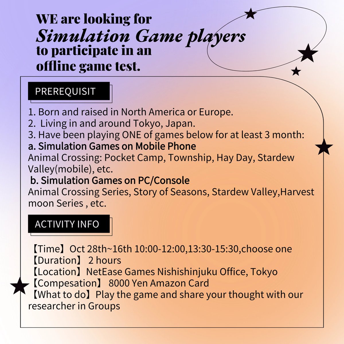 GameStat1on's tweet image. 🎮We are seeking simulation game enthusiasts to participate in an offline game testing and interview session.🌟
📆 When: 10.28-10.30
📍 Where: NetEase Games Nishishinjuku Office, Tokyo
✅research.easebar.com/htmls/o5t0br/p…

 #TokyoGamers #GameTesting #animalcrossing #StardewValley