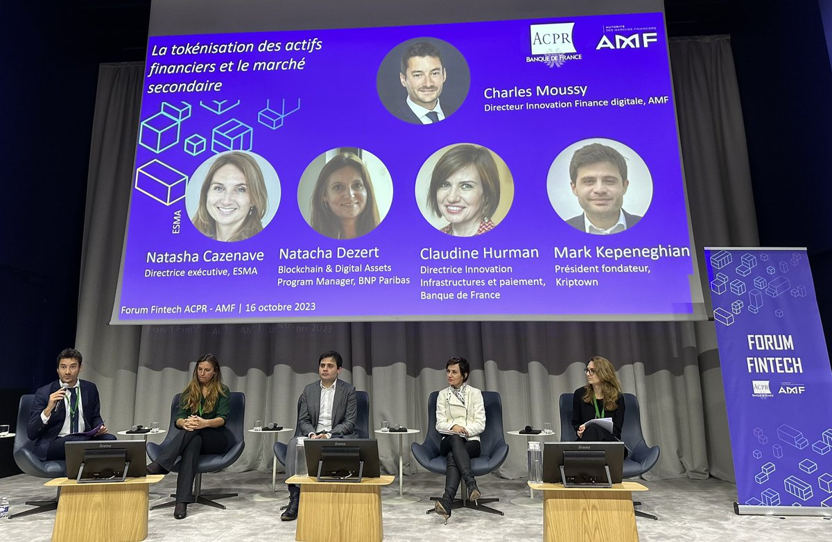[En direct🔴] Forum <a href="/ACPR_actu/">Autorité de contrôle prudentiel et de résolution</a> / AMF : 1ère table ronde sur la tokénisation des actifs financiers, animée par Charles Moussy, avec 
🔷 Natasha Cazenave <a href="/ESMAComms/">ESMA - EU Securities Markets Regulator 🇪🇺</a>
🔷 Natacha Dezert <a href="/BNPParibas/">BNP Paribas Group</a>
🔷 Claudine Hurman @Banquedefrance
🔷 Mark Kepeneghian <a href="/KriptownFR/">KriptownFR</a>