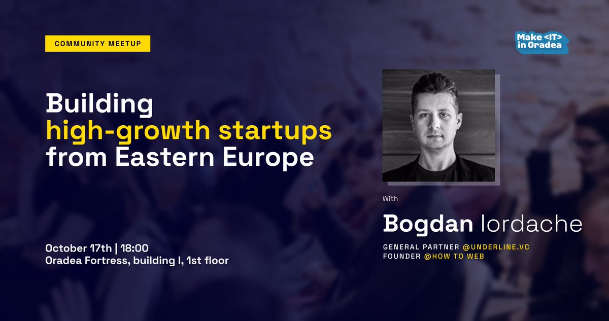 Join <a href="/bogdaniordache/">Bogdan Iordache 🇷🇴 🇺🇦</a> tomorrow in Oradea for the <a href="/makeitinoradea/">Make IT in Oradea</a> community #meetup, where he will break down what it takes to 🚀build a high-growth Eastern European startup. 📮Register here: lnkd.in/dsgdCHZ3 and see you soon! #underline #community #startups #growth