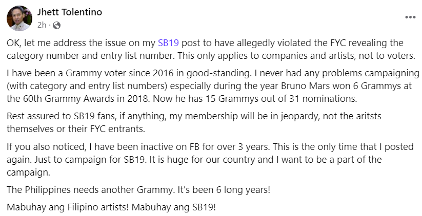 ATINGlobalSoc's tweet photo. Just wanted to give a special shoutout to Jhett Tolentino for his campaign efforts to promote SB19 on the Grammys nomination process!🫶👏❤️

"This is the only time that I posted again. Just to campaign for SB19. It is huge for our country and I want to be a part of the campaign."

🔗https://t.co/CBP8fWSmeK

@SB19Official #SB19
#GetSB19GrammyNominated
#SB19RoadToGrammyNomination